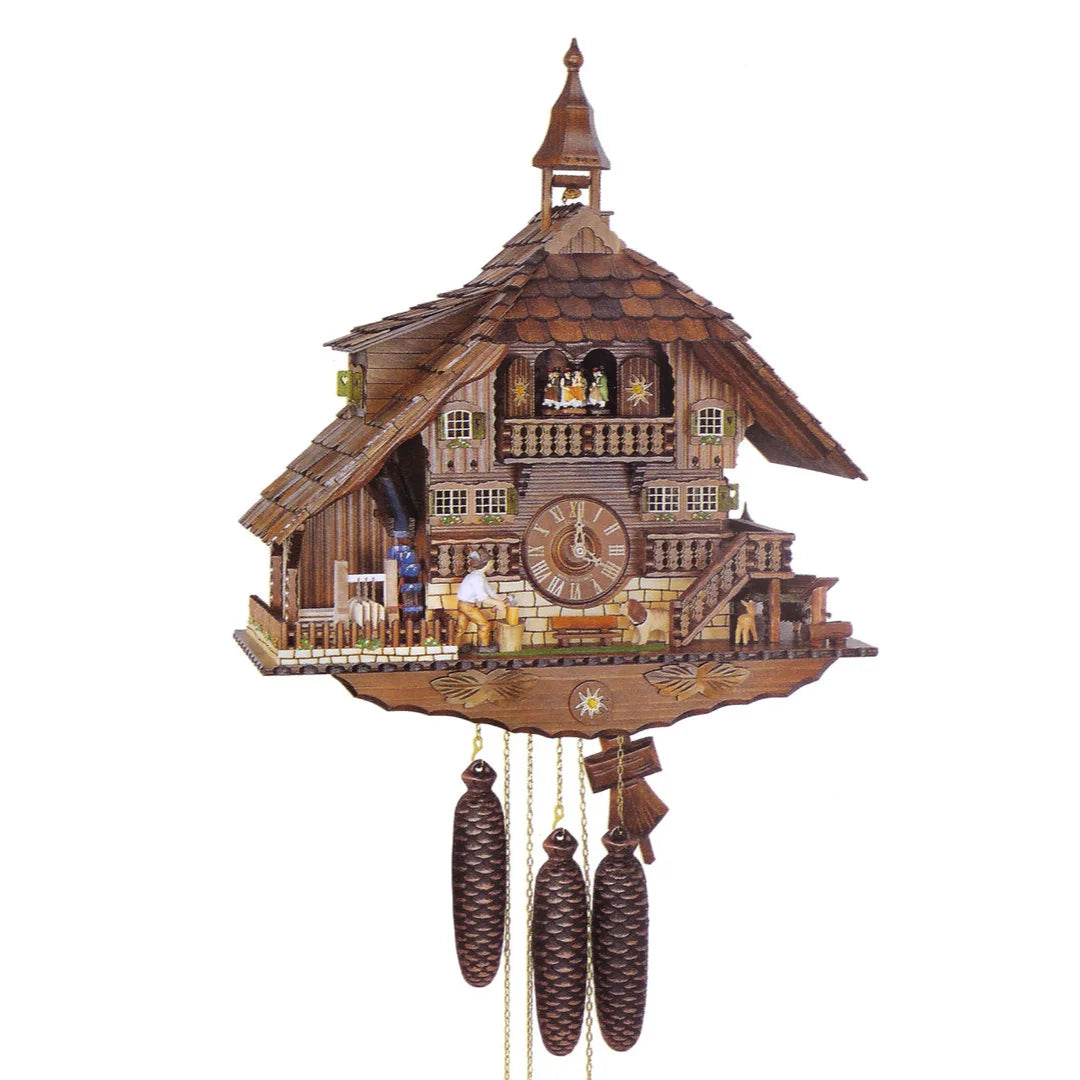 Mechanische Kuckucksuhr Holzhacker, Wasserrad und Tänzer, 58cm