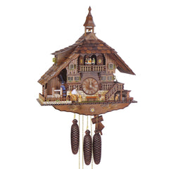 Mechanische Kuckucksuhr Holzhacker, Wasserrad und Tänzer, 58cm