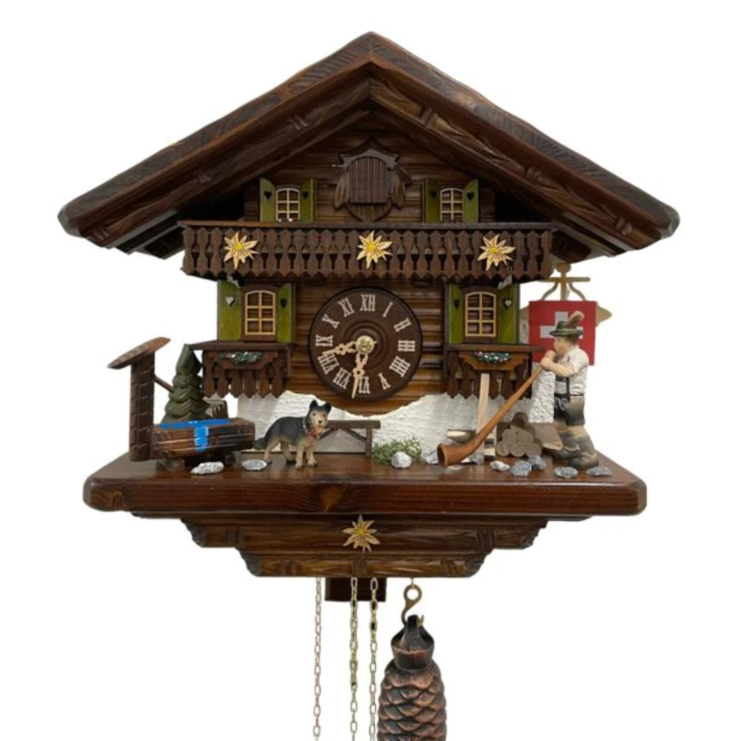 Mechanische Kuckucksuhr Alphornbläser, Brunnen und Hund, 29cm