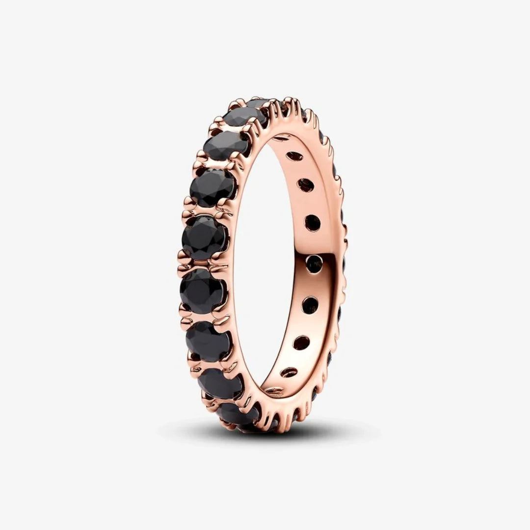 Pandora Ring für Damen - Schwarze Funkelnde Ewigkeitsring, 14K Rosévergoldet
