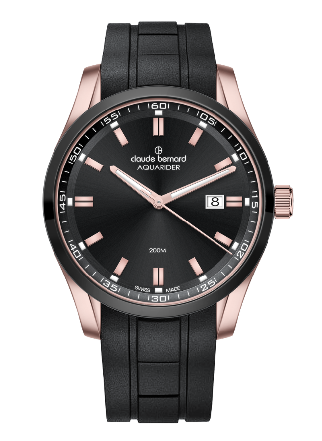 Claude Bernard Aquarider Herren Datum Schwarz Roségold 42 mm