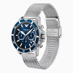 Emporio Armani Herrenuhr – Edelstahl Silber, 43 mm, Blaues Zifferblatt, Quarzwerk, 10 ATM, Luxus Designeruhr - AR11587