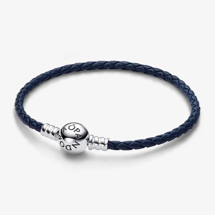 Pandora Moments Geflochtenes Lederarmband in Blau mit Kugelverschluss - 592790C01