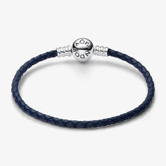 Pandora Moments Geflochtenes Lederarmband in Blau mit Kugelverschluss - 592790C01