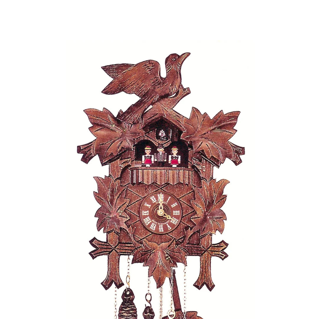 Mechanische Kuckucksuhr Verziert mit Vogel, Blattstickereien und Tänzeren