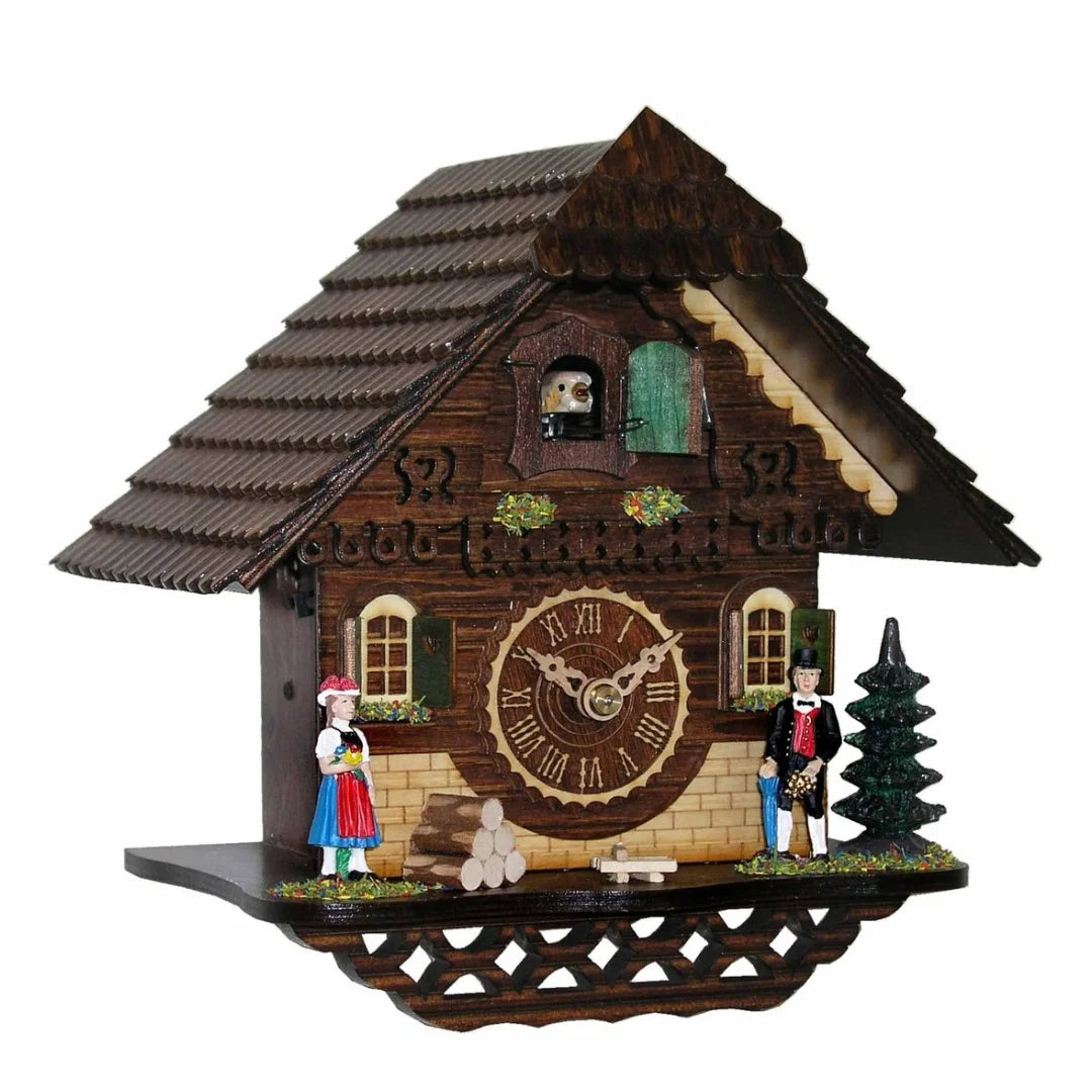 Mechanische Kuckucksuhr Angereichert mit Haus- und Menschenmotiven