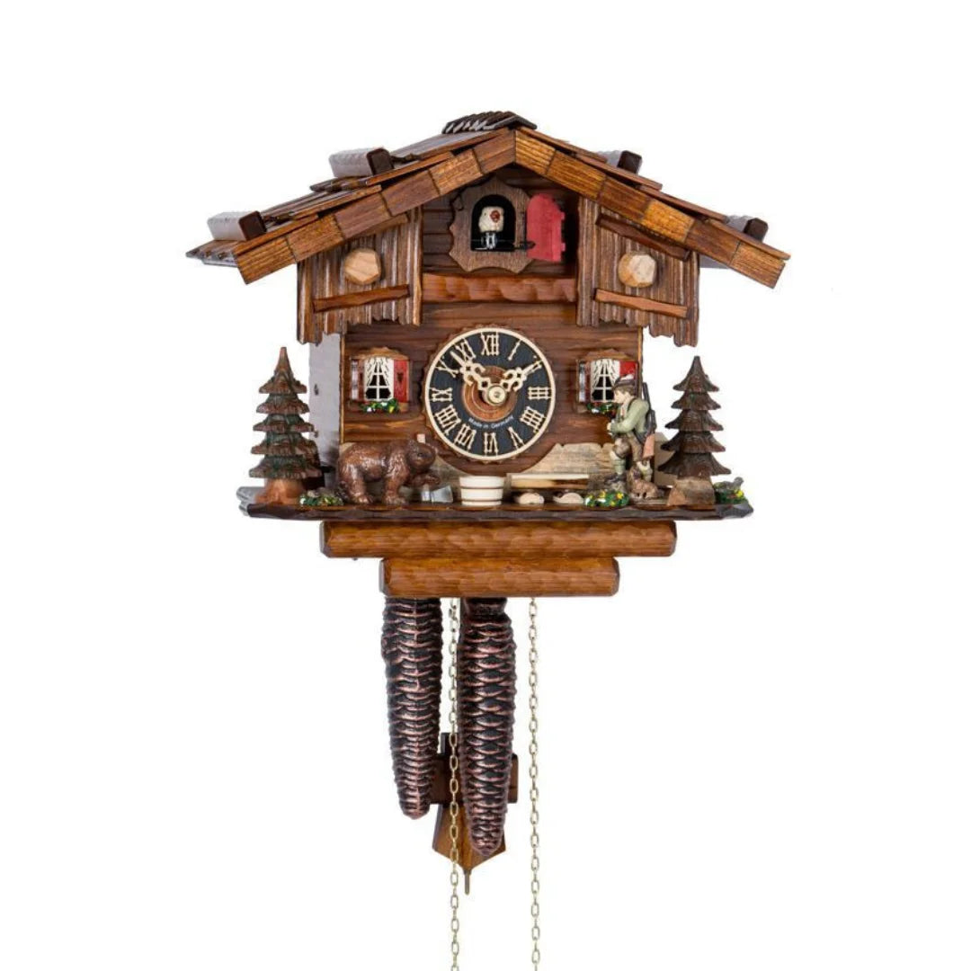 Mechanische Kuckucksuhr mit Jäger und Bär