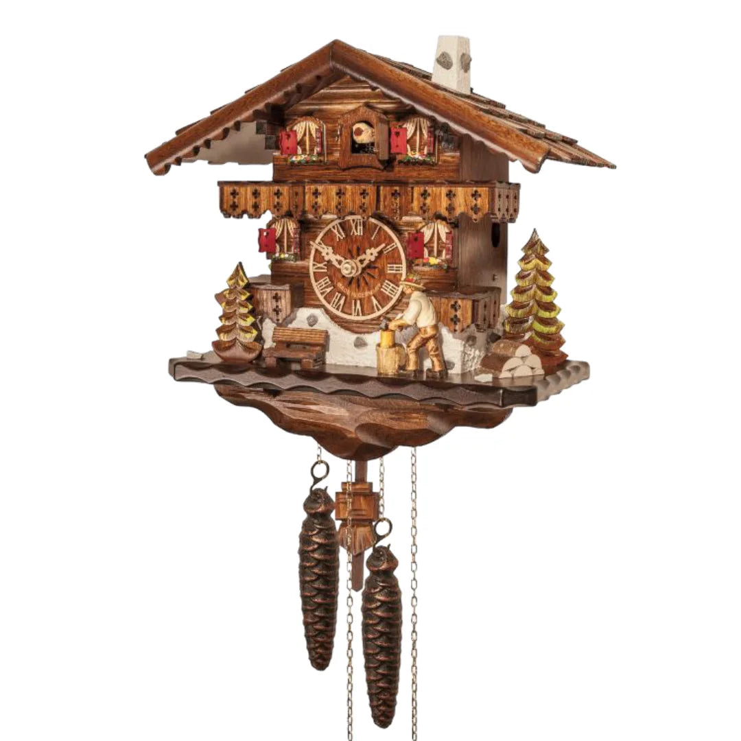 Mechanische Kuckucksuhr Holzhacker mit Fachwerk und Bank