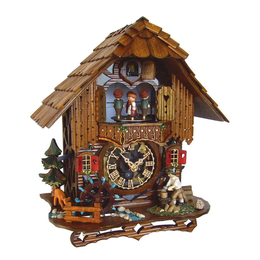 Mechanische Kuckucksuhr mit Tänzeren, Holzhacker und Wasserrad