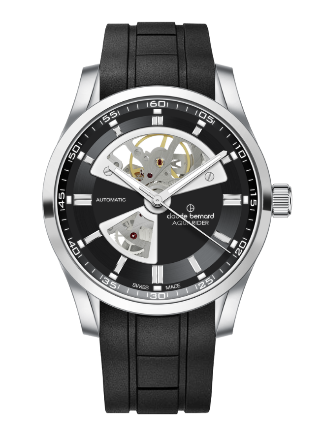 Claude Bernard Aquarider Herren Open Heart Schwarz 42 mm