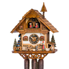 Mechanische Kuckucksuhr Wanderer, Frau und Uhrmacher, 55cm