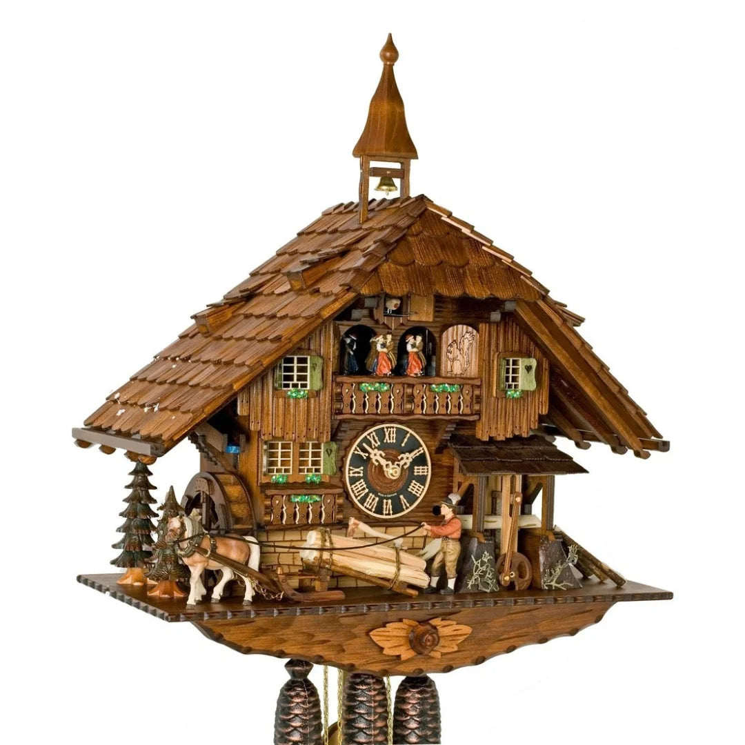 Mechanische Kuckucksuhr Drehendes Mühlrad, Mann und Sägewerk, 60cm