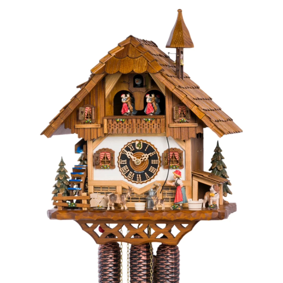 Mechanische Kuckucksuhr Wasserrad, Bewegende Figuren und Tanzfiguren, 42cm