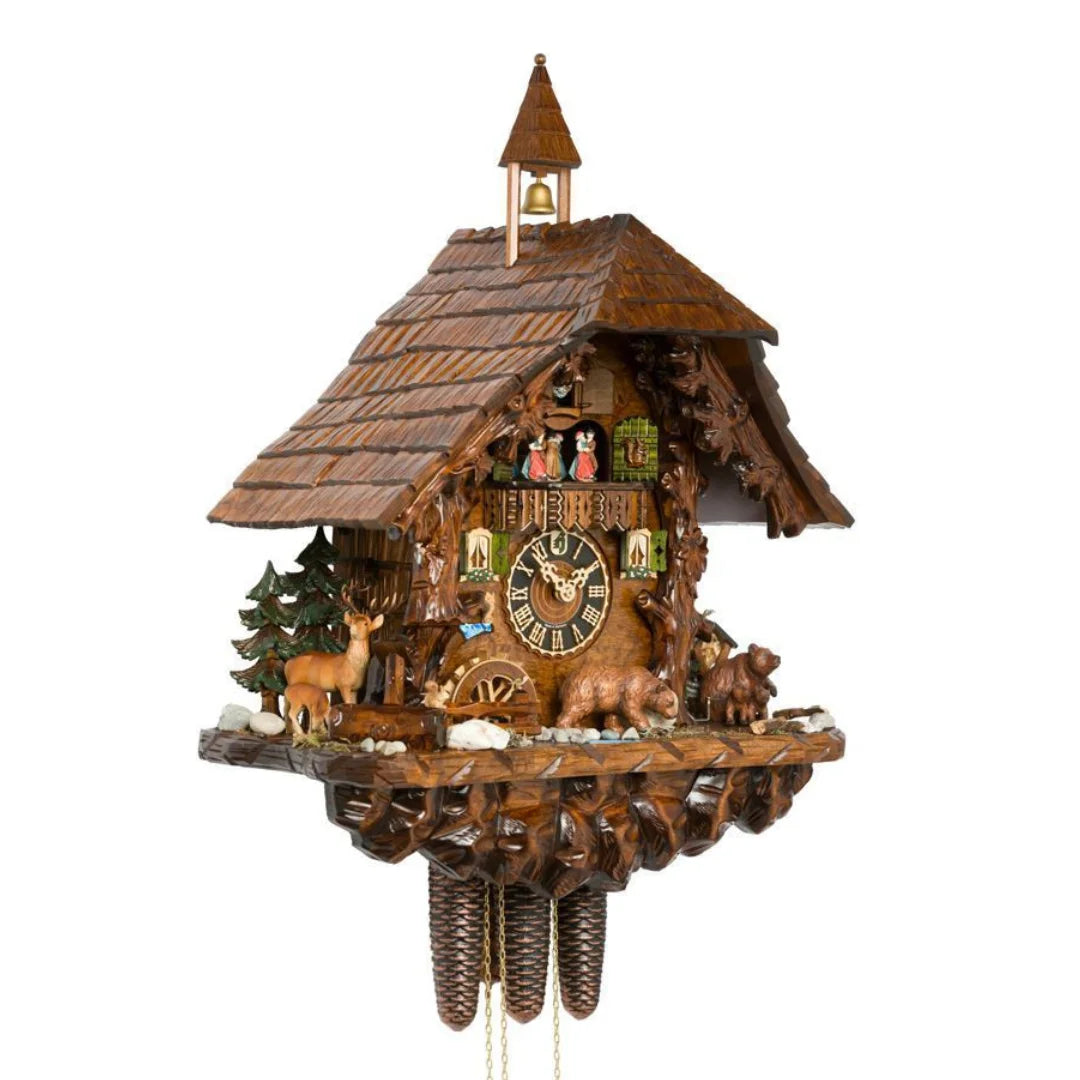 Mechanische Kuckucksuhr Wasserrad, Bären und Tänzer, 64cm