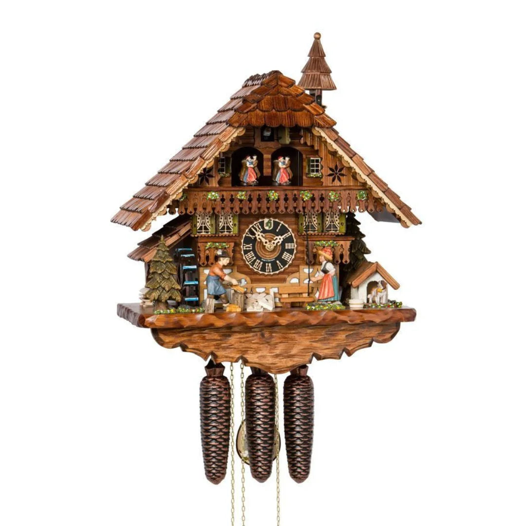 Mechanische Kuckucksuhr Tänzer, Hund, Holzhacker und Frau