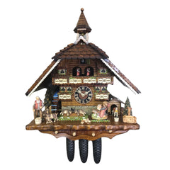 Mechanische Kuckucksuhr Wasserrad, Bernhardiner, Mädchen, Ziegen und Tänzer, 52cm