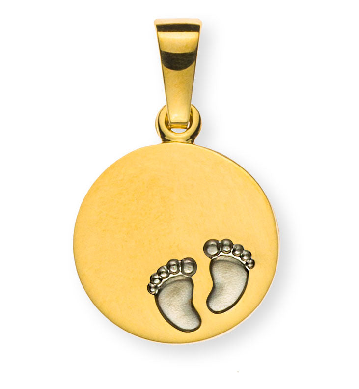 Anhänger Gravurplatte rund 12mm Gelbgold 750 Babyfussen rhodiniert