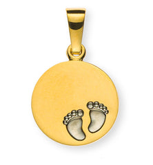 Anhänger Gravurplatte rund 12mm Gelbgold 750 Babyfussen rhodiniert