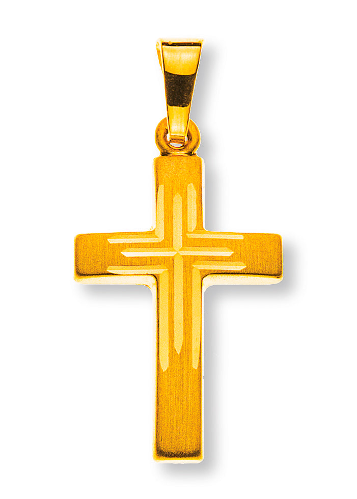 Anhänger Kreuz satiniert mit Fantasieschliff Gelbgold 750
