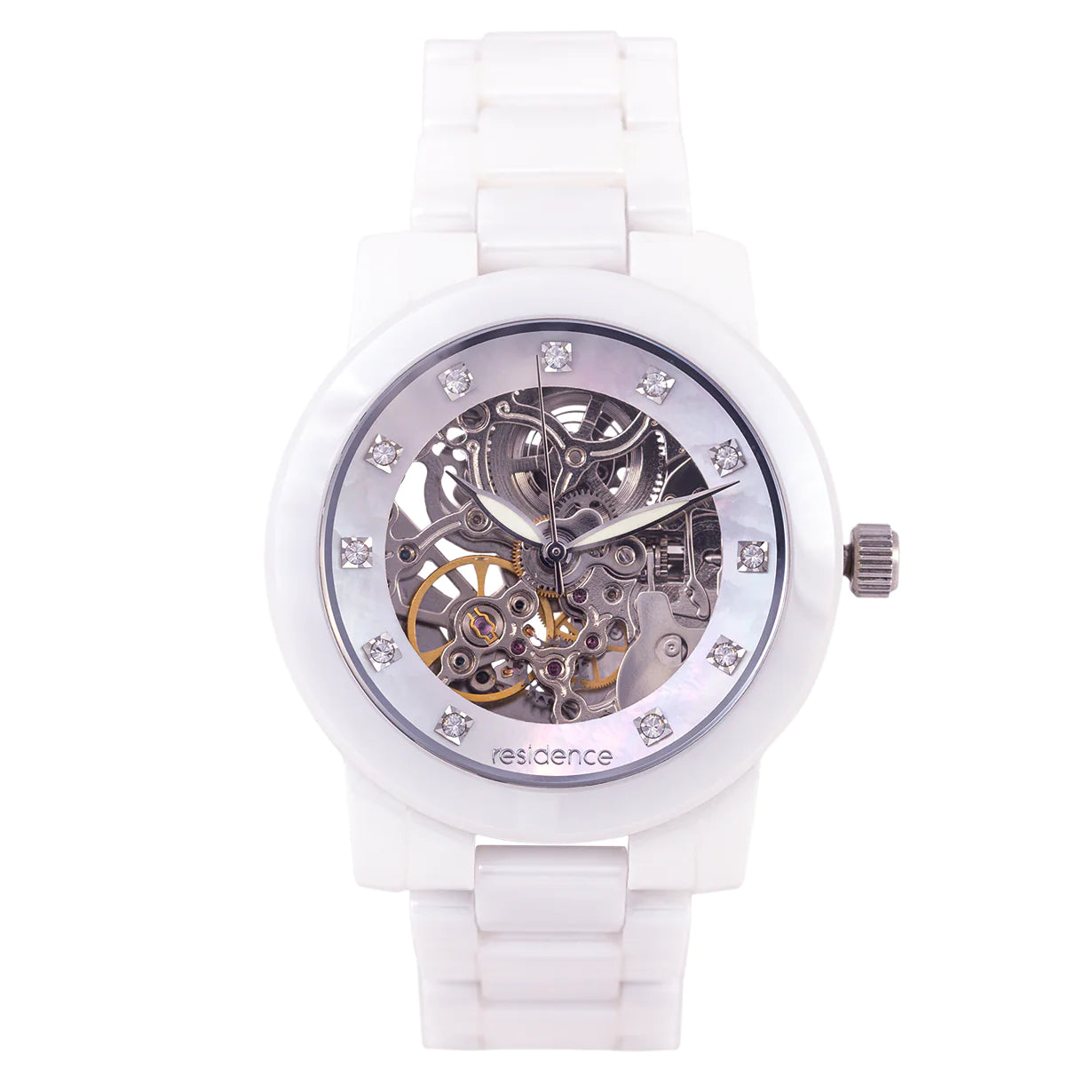 Residence Automatik Damenuhr Keramik in Weiss mit Diamanten und Perlmutt