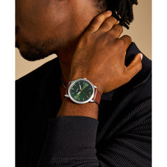 Fossil Minimalist Quarz 3-Zeiger 44 MM Herrenuhr in Grün/Braun aus Lederband - FS6094