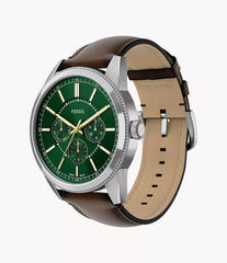 Fossil Pearson Multifunktion Herrenuhr Silber/Grün mit braunem Lederarmband 42 mm – FS6137