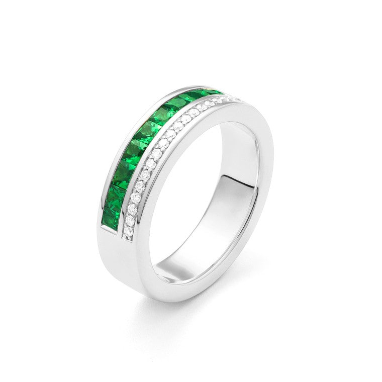 Facet Halbgefasster 18 Karat Weissgold Tsavorit Memoire Ring mit Diamanten