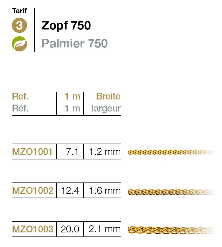 Meterkette Zopf Gelbgold 750 1.2-2.1mm