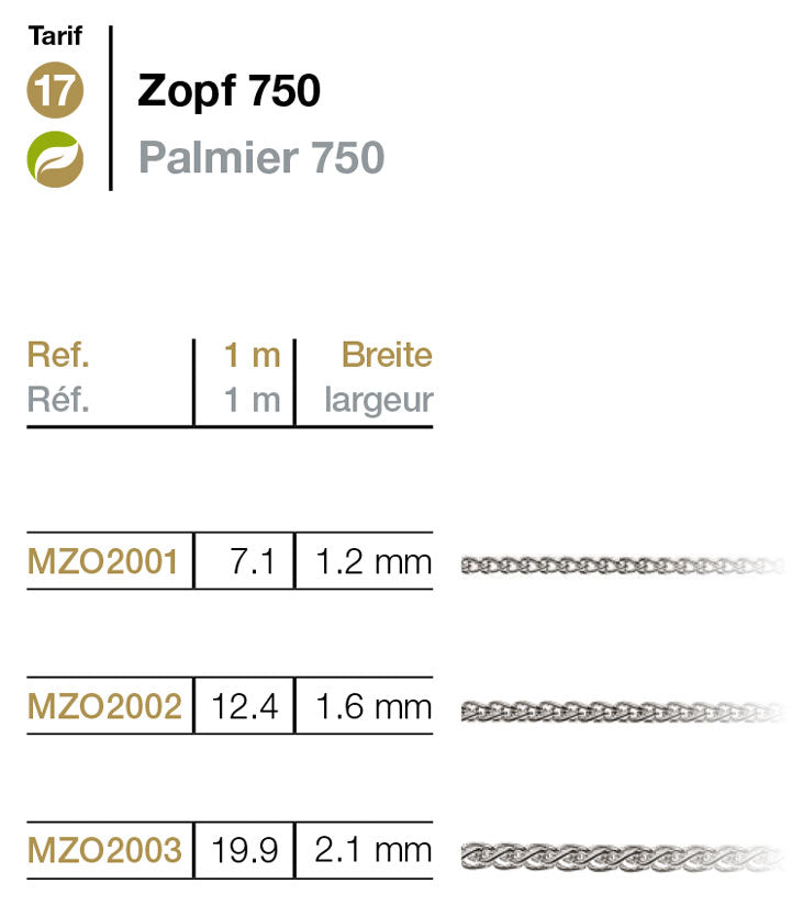 Meterkette Zopf Weissgold 750 1.2-2.1mm
