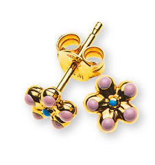 Ohrstecker Blume Gelbgold 750 rosa hellblau emailliert
