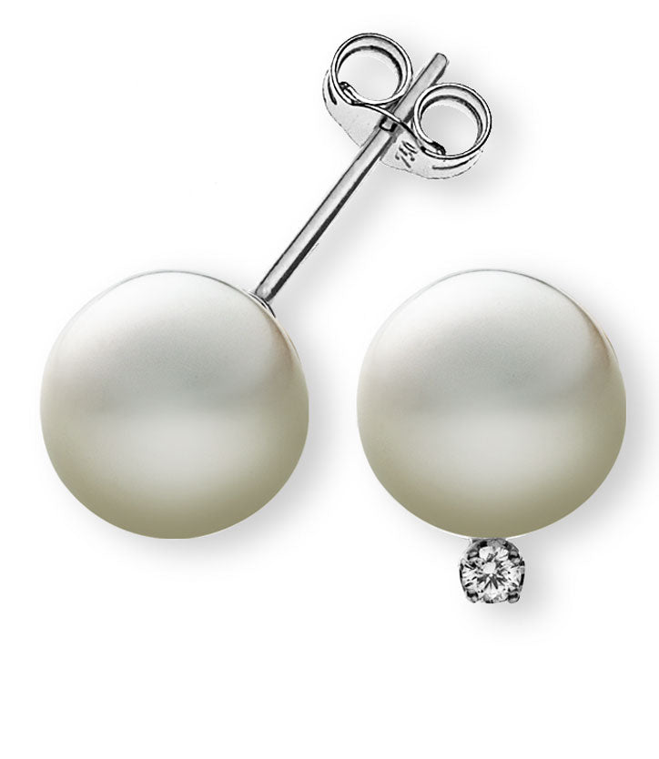 Perlohrringe Weissgold 750 mit weissen Perlen 9mm und 2 Brillanten 0.07ct.