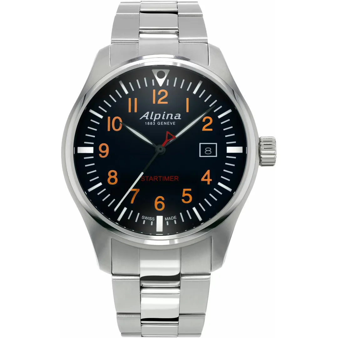 Alpina Startimer Pilot Silber Edelstahlband Schwarz Herrenuhr