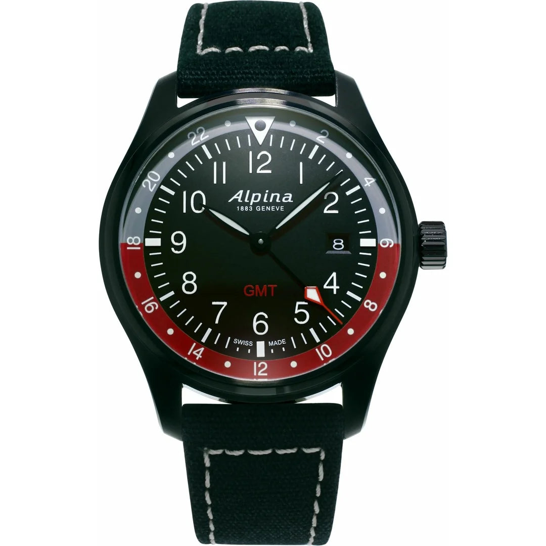 Alpina Pilot GMT Schwarz Leder-Textilband Herrenuhr
