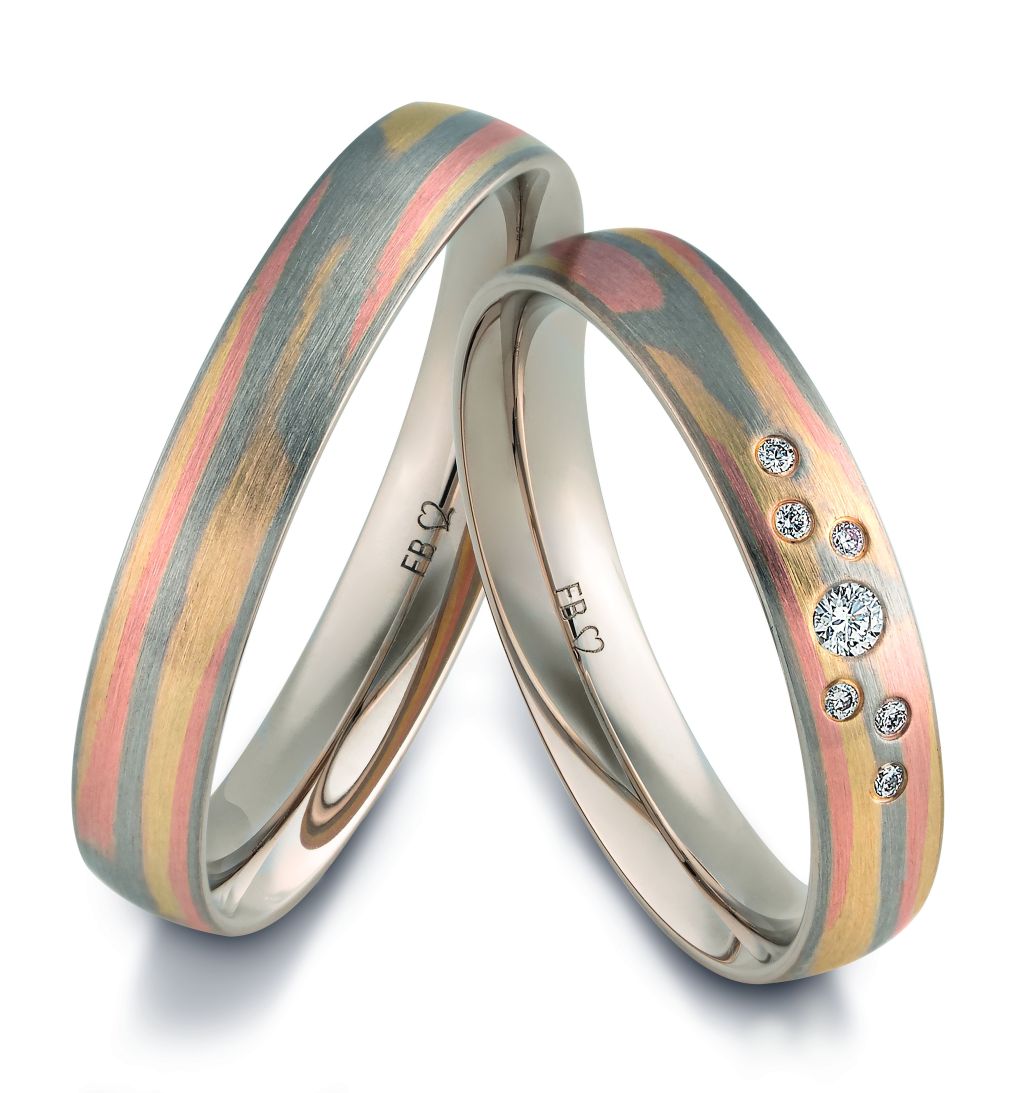 Breuning Trauringe Tricolor Blended Wave mit Diamanten - 48/06726 & 48/06725