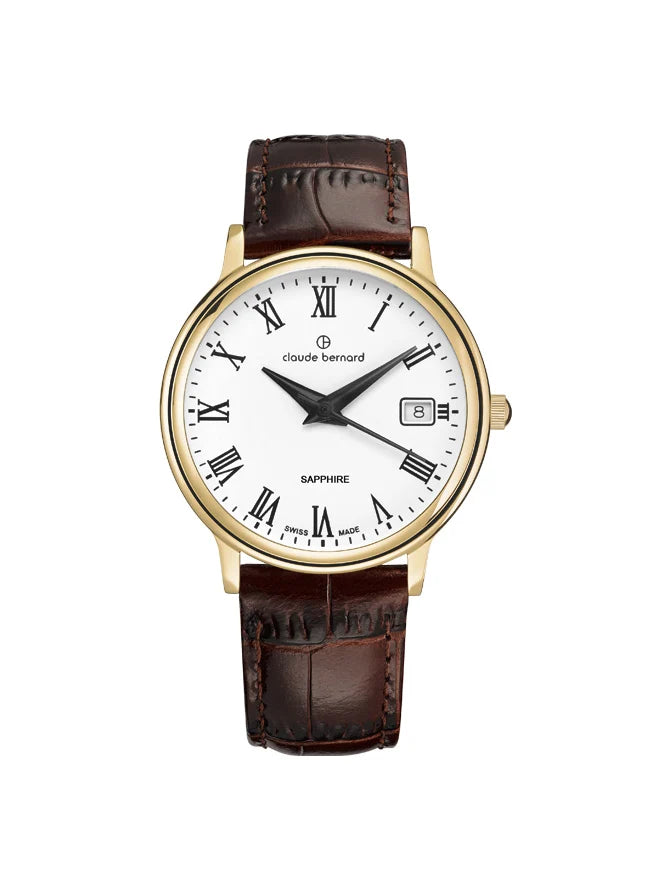 Claude Bernard Classic Ladies Damenuhr Gold Braunes Leder