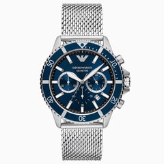 Emporio Armani Herrenuhr – Edelstahl Silber, 43 mm, Blaues Zifferblatt, Quarzwerk, 10 ATM, Luxus Designeruhr - AR11587