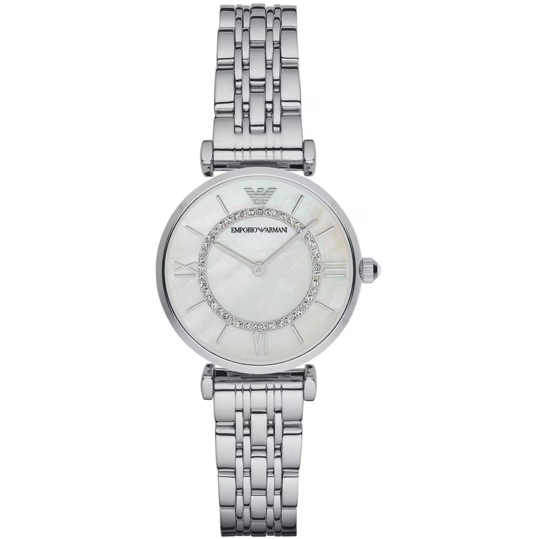 Emporio Armani Retro Damenuhr Silber/Perlmutt
