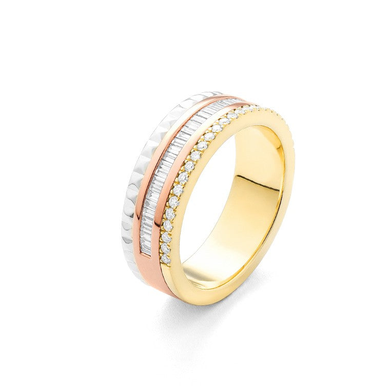 Facet Cnc Ring Halbgefasster 18 Karat Tricolor Memoire Ring mit Diamant