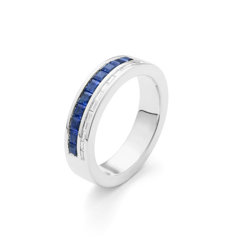 Facet Cnc Ring halbgefasster Memoirering in 750/18 K Weissgold mit Saphir