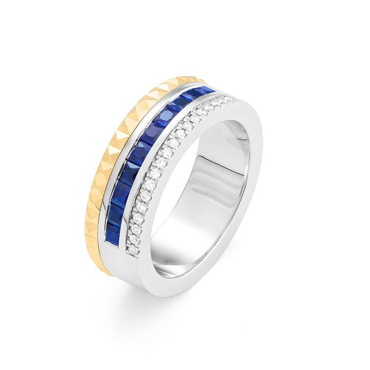 Facet Cnc Ring halbgefasster Memoirering in 750/18 Karat Bicolor mit Baguette, Saphir