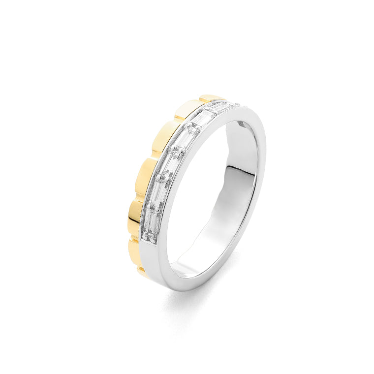 Facet Cnc Ring halbgefasster Memoirering in 750/18 Karat Bicolor mit Baguette