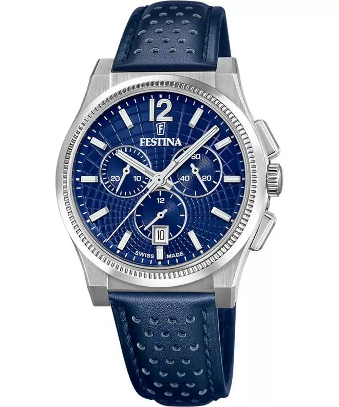 Festina Swiss Rivé Chrono 42 Blaues Leder / Silber Herrenuhr - F20060/2