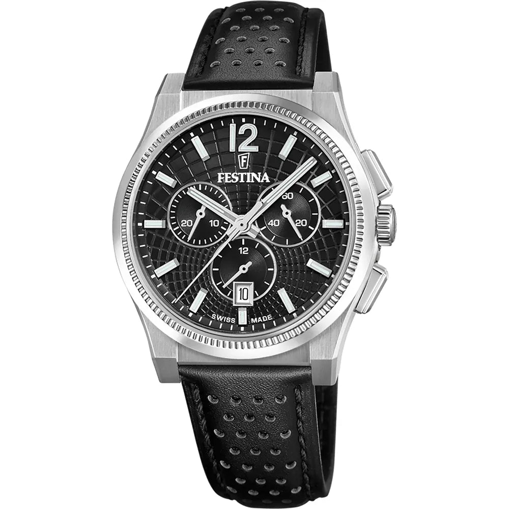 Festina Swiss Rivé Chrono 42 Schwarzes Leder Herrenuhr - F20060/4