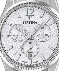 Festina Swiss Rivé Chrono 42 Schwarzes Leder / Silber & Weiss Herrenuhr - F20060/1