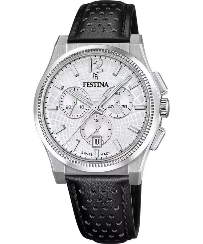 Festina Swiss Rivé Chrono 42 Schwarzes Leder / Silber & Weiss Herrenuhr - F20060/1