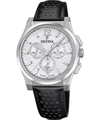 Festina Swiss Rivé Chrono 42 Schwarzes Leder / Silber & Weiss Herrenuhr - F20060/1