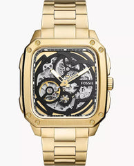 Fossil BQ2573 Herren Automatikuhr Inscription Gold Edelstahl Armband Schwarz Skeleton Dial 42 mm