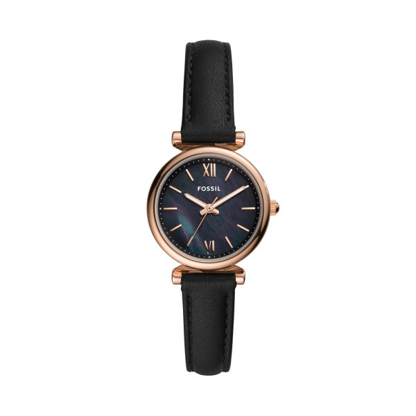 Fossil Carlie 28 MM Quarz Damenuhr in Roségold Schwarz, Lederband - ES4700