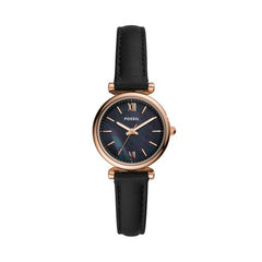 Fossil Carlie 28 MM Quarz Damenuhr in Roségold Schwarz, Lederband - ES4700