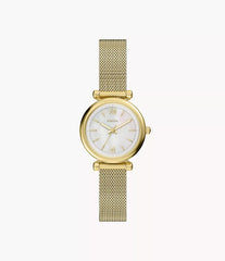 Fossil Carlie Mini Damenuhr Gold mit weissem Perlmuttzifferblatt und Milanaise-Edelstahlarmband 28 mm
